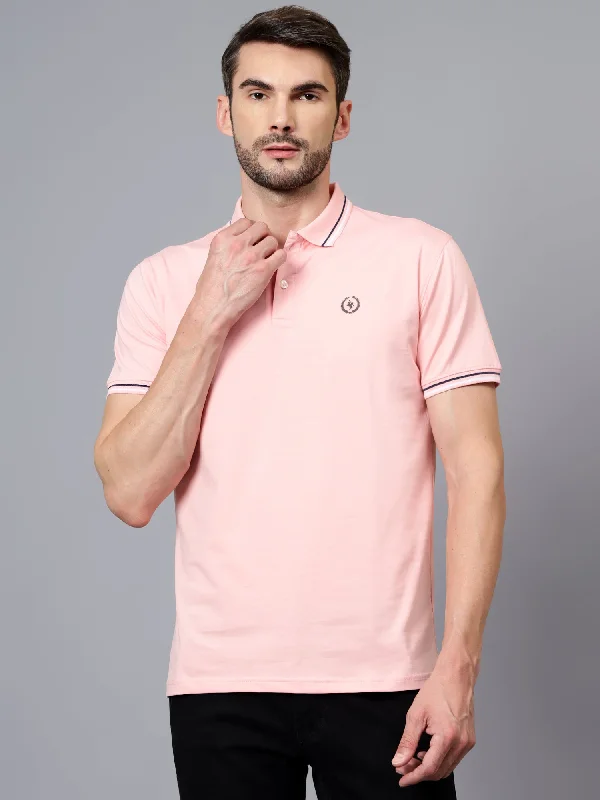 Men's Pink Solid Polo Neck Half Sleeve T-shirt