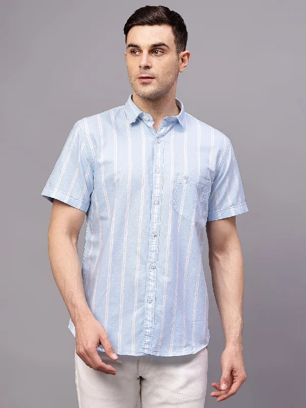 Men's Sky Blue Casual Broad Stripe Half sleeve Shirt