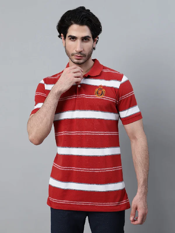 Men's Red Striped Polo Neck Half Sleeve T-shirt