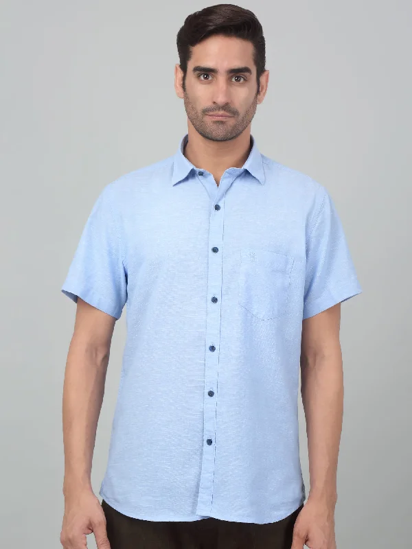 Men's Sky Blue Casual Plain Half sleeve Shirt