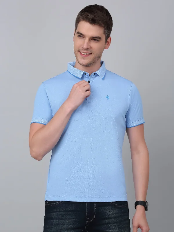 Men's Sky Blue Solid Polo Neck T-shirt