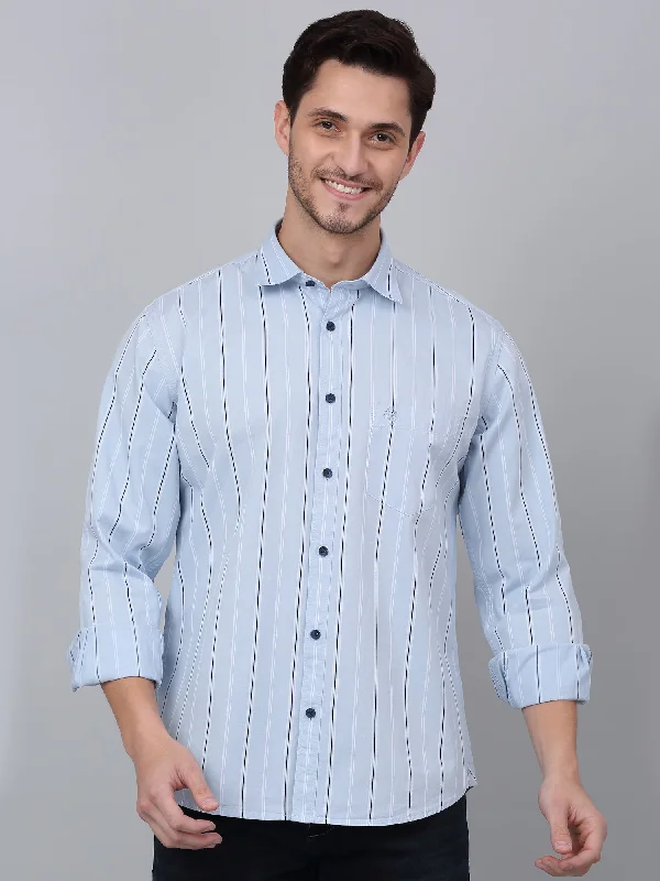 Men's Sky Blue Casual Broad Stripe Full Sleeve Shirt