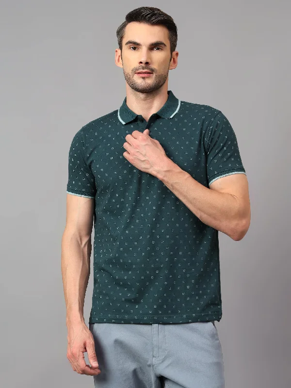 Men's Teal Blue Printed Polo Neck Half Sleeve T-shirt