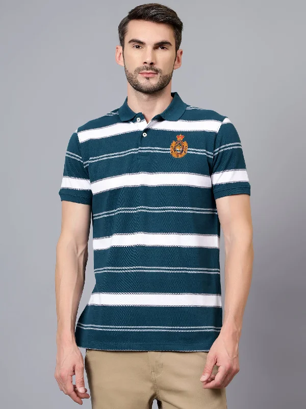 Men's Teal Blue Striped Polo Neck Half Sleeve T-shirt