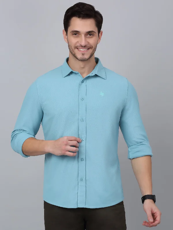 Men's Teal Blue Casual Plain Full Sleeve Shirt