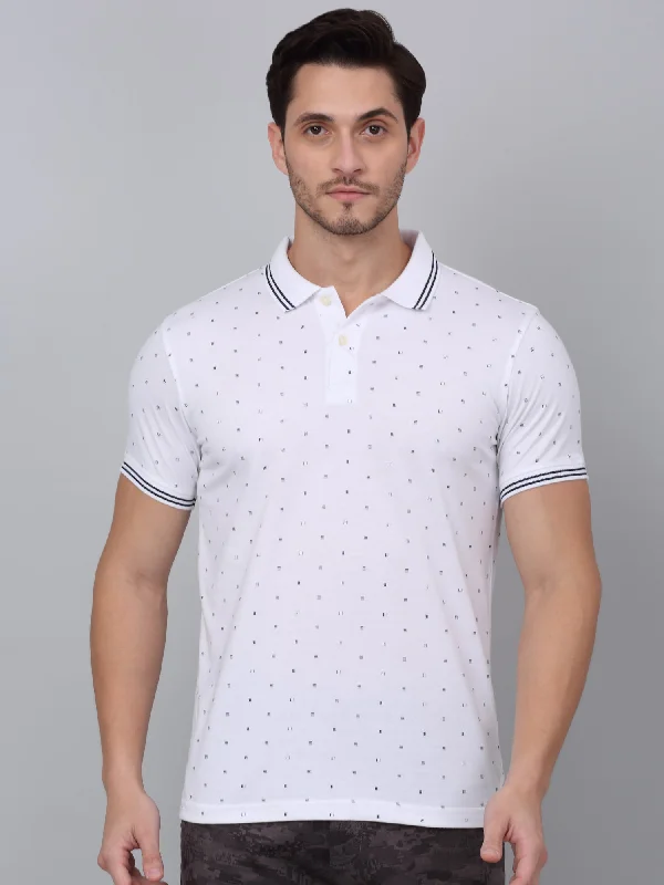 Men's White Printed Polo Neck T-shirt