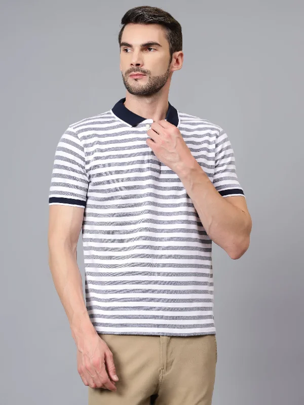 Men's White Striped Polo Neck Half Sleeve T-shirt