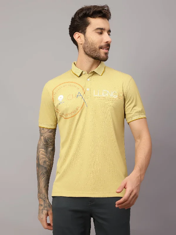 Men's Yellow  Polo neck Half Sleeve T-Shirt with Typographic print