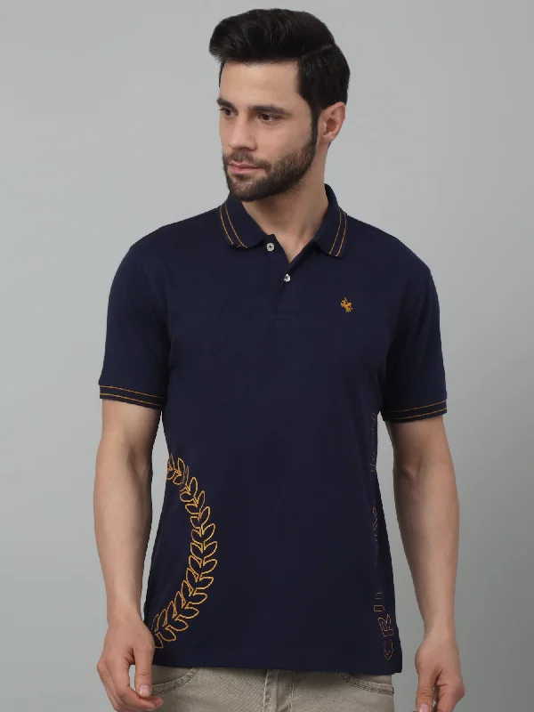 Men's Navy Blue Polo neck Half Sleeve T-Shirt with print