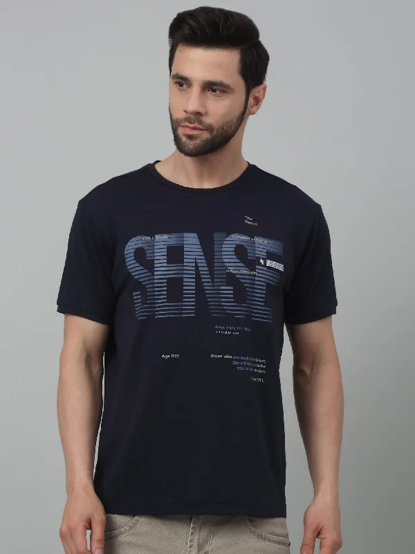 Men's Navy Blue Round neck Half Sleeve T-Shirt with Print