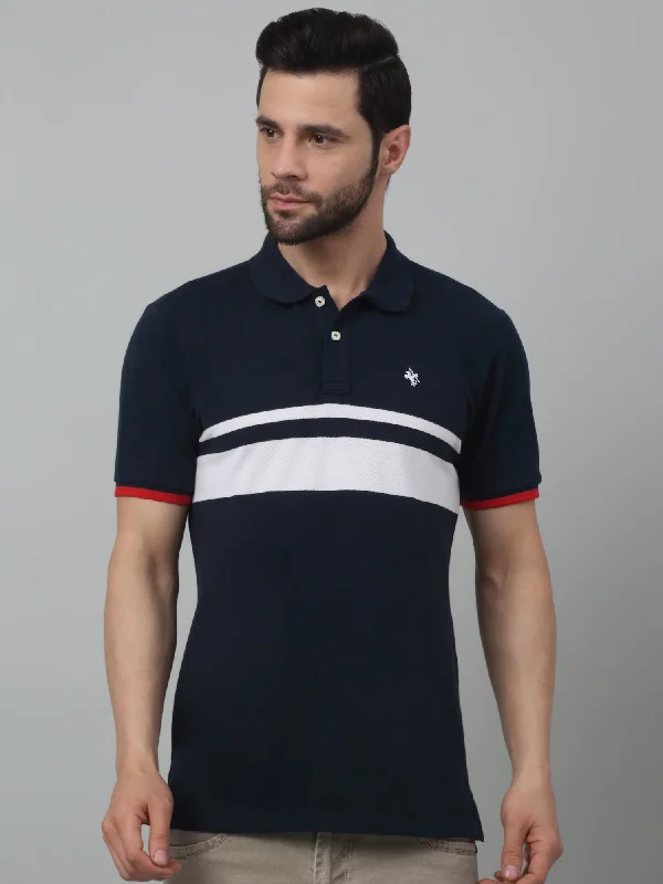 Men's Navy Blue Stripe Polo neck Half Sleeve T-Shirt