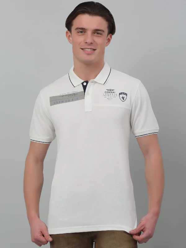 Men's White  Polo neck Half Sleeve T-Shirt with print