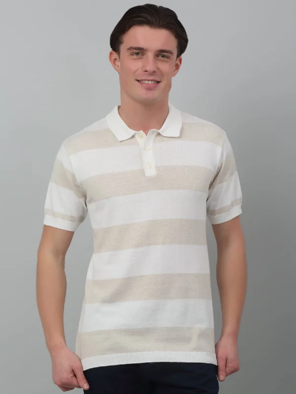 Men's Ivory Stripe Polo neck Half Sleeve Flatknit T-Shirt