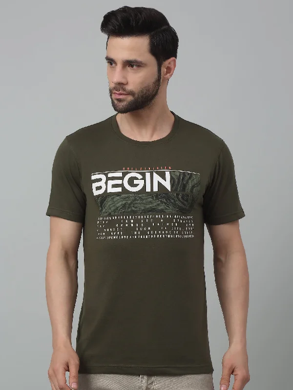 Men's Olive Green Round neck Half Sleeve T-Shirt with Typographic print