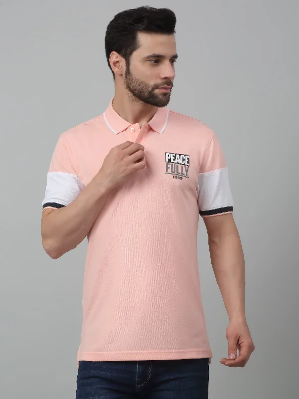 Men's Pink  Polo neck Half Sleeve T-Shirt with chest print & color block on sleeve