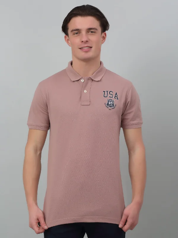 Men's Light Mauve Polo neck Half Sleeve T-Shirt with chest print