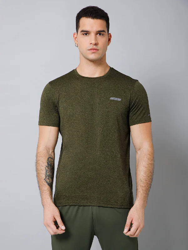 Regular Fit Solid Round Neck Half Sleeve Olive Active Wear T-Shirt for Men