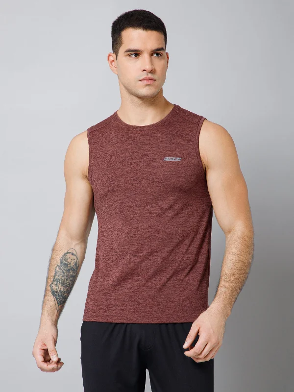 Regular Fit Solid Round Neck Sleeveless Wine Active Wear T-Shirt for Men