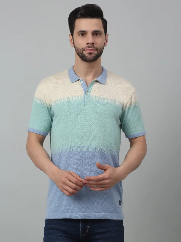 Men's Sky Blue Color block Polo neck Half Sleeve Flatknit T-Shirt