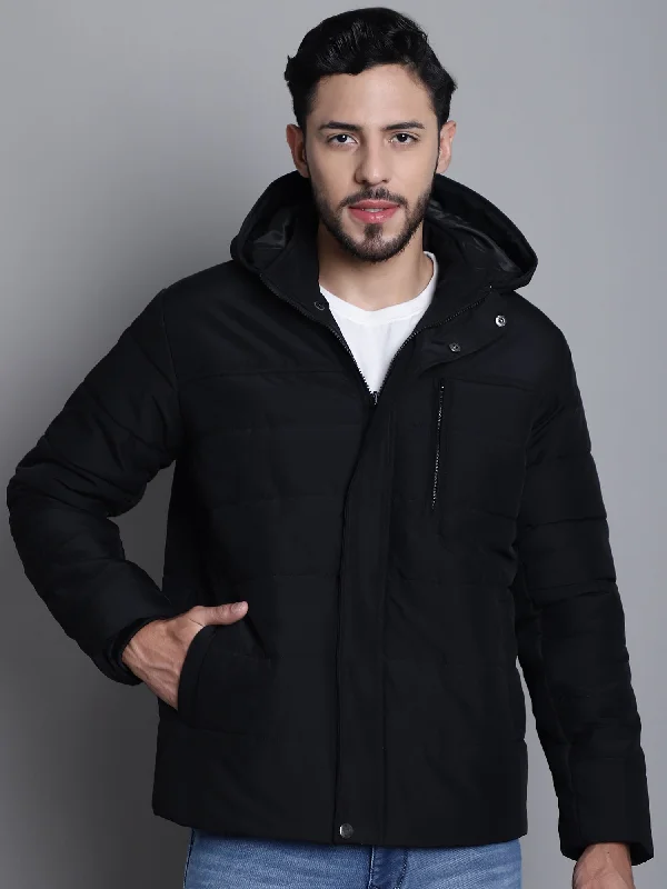 Solid Black Full Sleeves Hooded Neck Regular Fit Casual Jacket For Mens