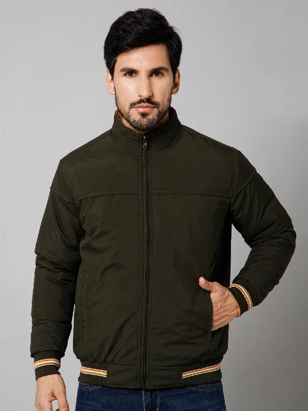 Solid Full Sleeves Mock Collar Regular Fit Olive Casual Reversible Jacket for Men