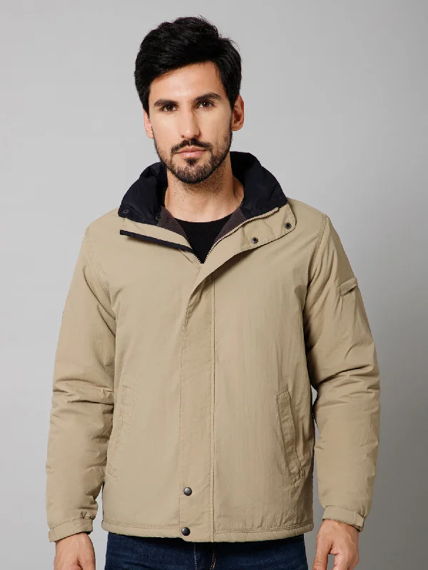 Solid Full Sleeves Mock Collar Regular Fit Beige Casual Jacket for Men