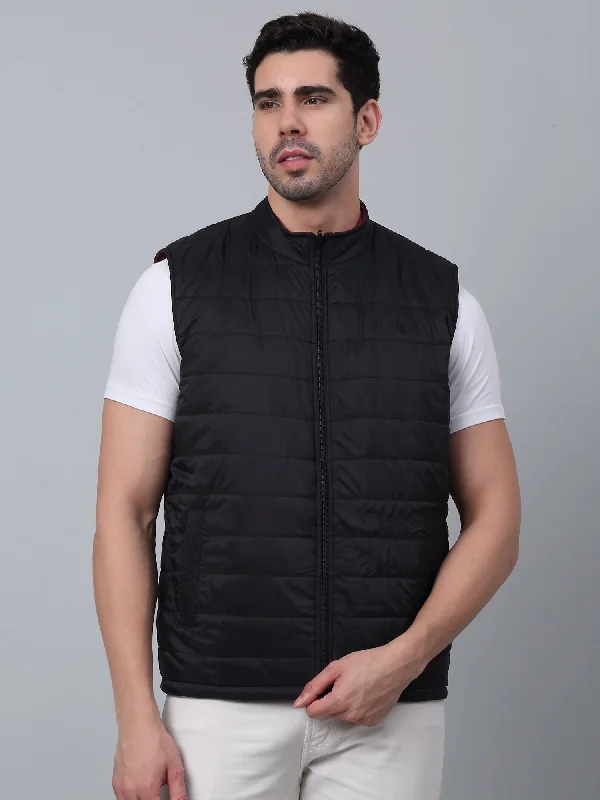 Solid Navy Sleeveless Mock Collar Regular Fit Reversible Casual Jacket For Men