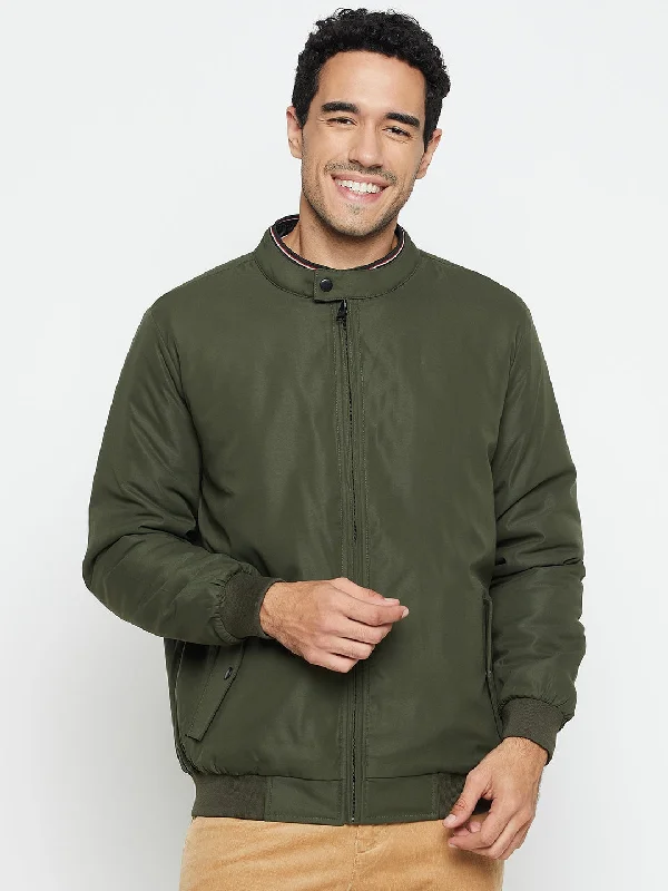 Solid Olive Full Sleeves Mock Collar Regular Fit Reversible Casual Jacket for Men