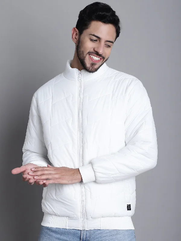 Solid White Full Sleeves Mock Collar Regular Fit Mens Casual Jacket