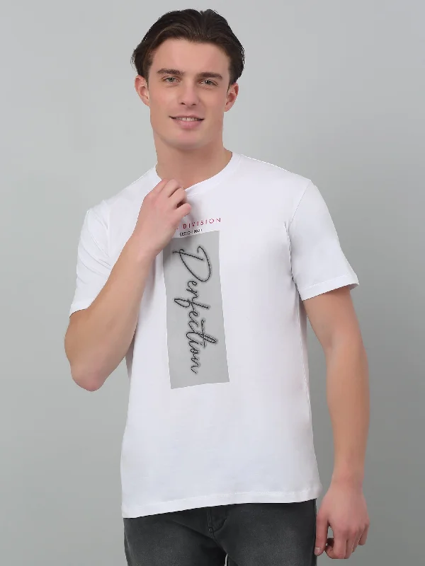 Men's White  Round neck Half Sleeve T-Shirt with Typographic print