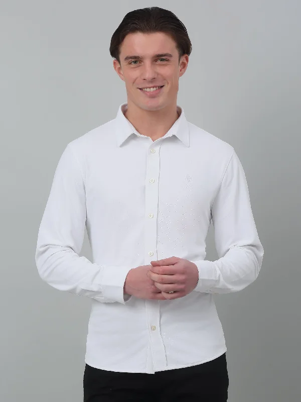 Men's White Casual Plain Stretch Full Sleeve Shirt