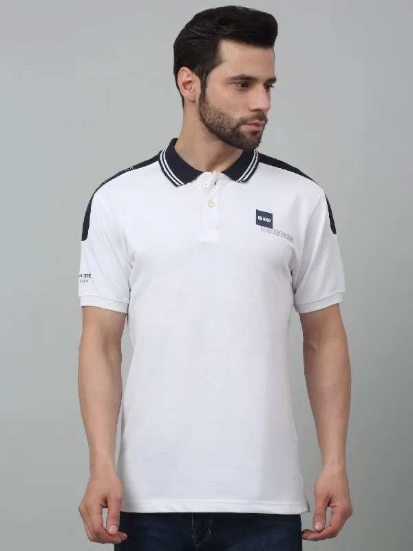 Men's White  Polo neck Half Sleeve T-Shirt with Contrast shoulder panel