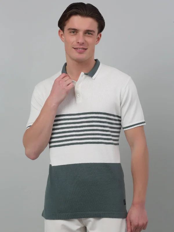 Men's Ivory Stripe Polo neck Half Sleeve Flatknit T-Shirt