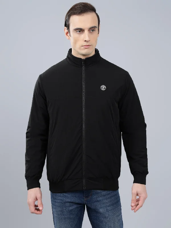 Men's Black Solid Mock Neck Reversible Winter Jacket