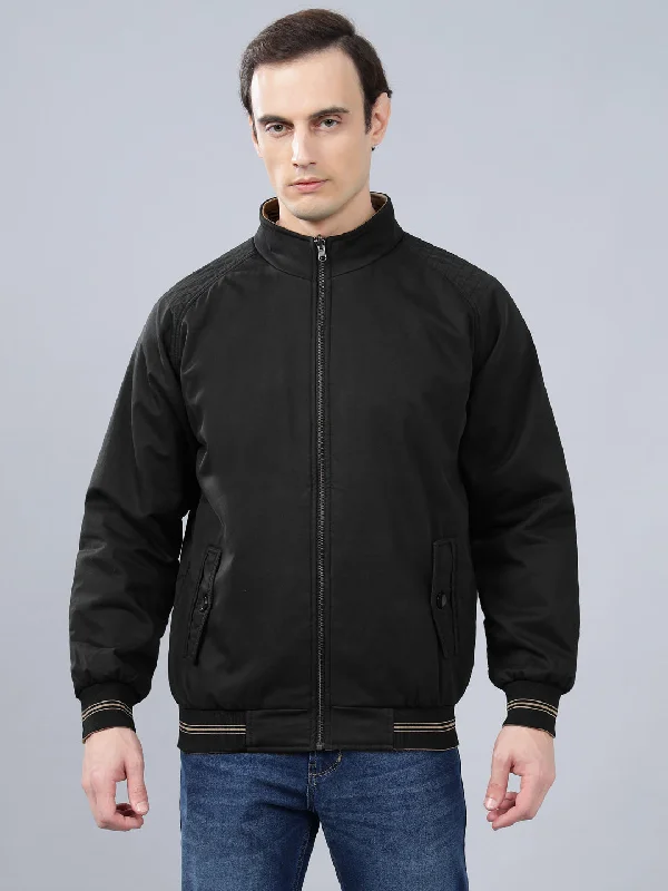 Men's Black Solid Mock Neck Reversible Winter Jacket