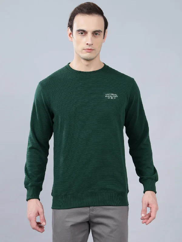 Men's Bottle Green Self Design Full Sleeves T-shirt For Winter