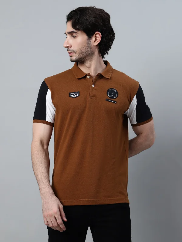 Men's Brown Solid Polo Neck Half Sleeve T-shirt