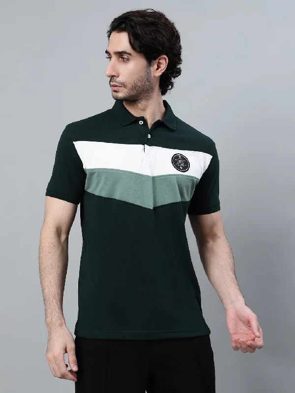 Men's Dark Green Color Block Polo Neck T-shirt