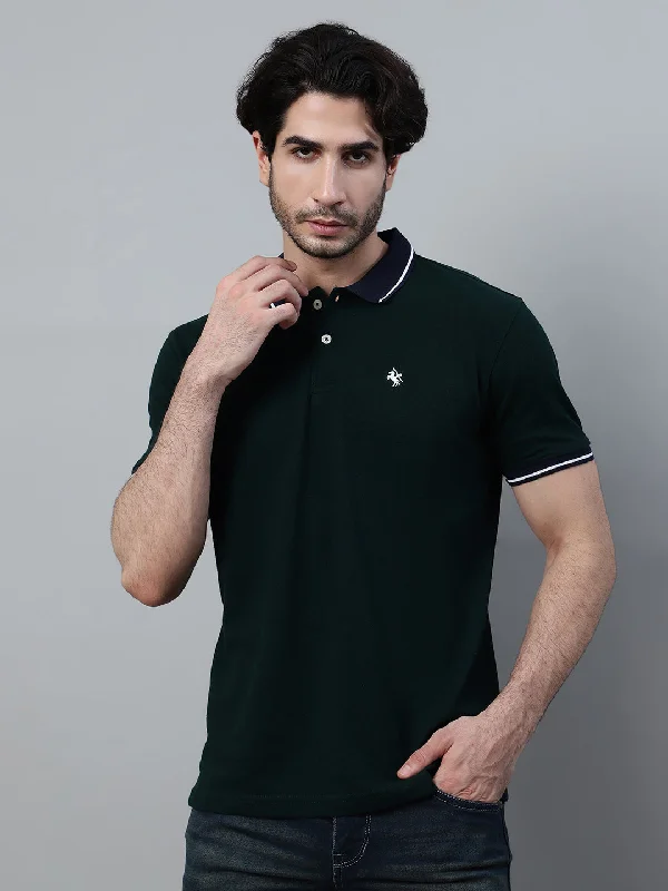 Men's Dark Green Solid Polo Neck Half Sleeve T-shirt