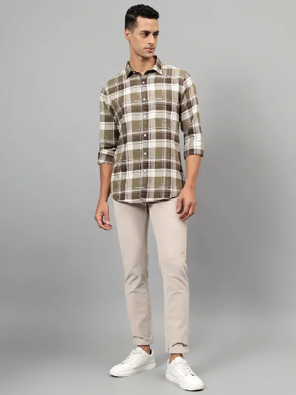 Men's Khaki Checked Casual Full Sleeves Shirt