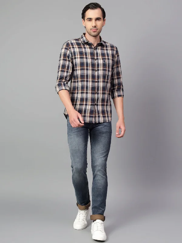 Men's Navy Blue Checked Full Sleeve Casual Shirt