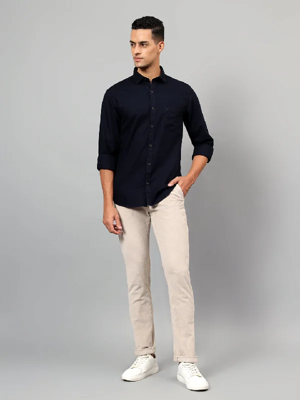 Men's Navy Blue Solid Full Sleeves Casual Shirt