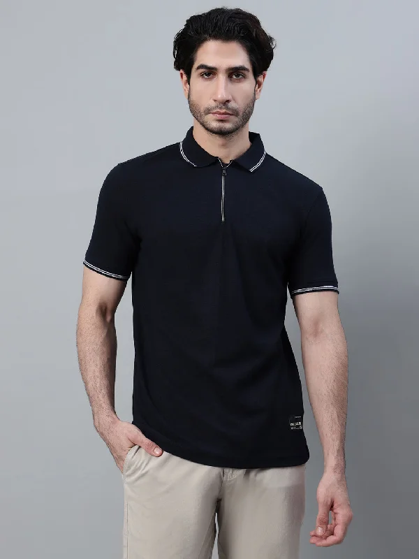 Men's Navy Blue Solid Polo Neck Half Sleeve T-shirt