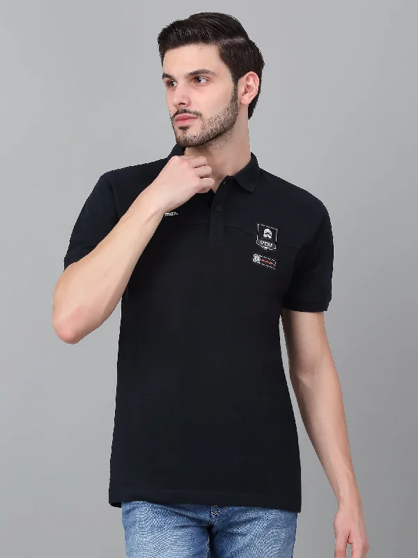 Men's Navy Blue Solid Polo Neck T-shirt