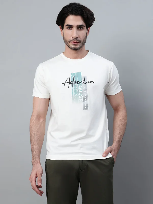 Men's Off White Printed Round Neck Half Sleeve T-shirt