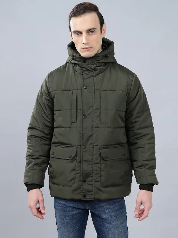 Men's Olive Green Solid Hooded Winter Jacket