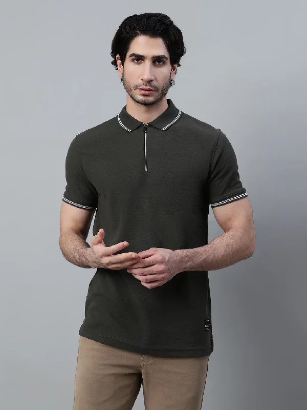 Men's Olive Green Solid Polo Neck Half Sleeve T-shirt