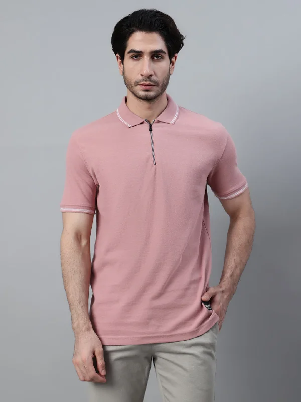 Men's Pink Solid Polo Neck Half Sleeve T-shirt