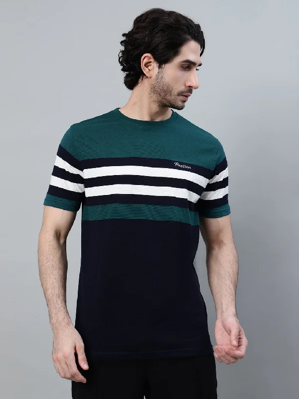 Men's Teal Blue Striped Polo Neck Half Sleeve T-shirt