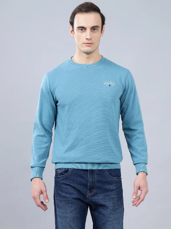 Men's Teal Self Design Full Sleeves T-shirt For Winter